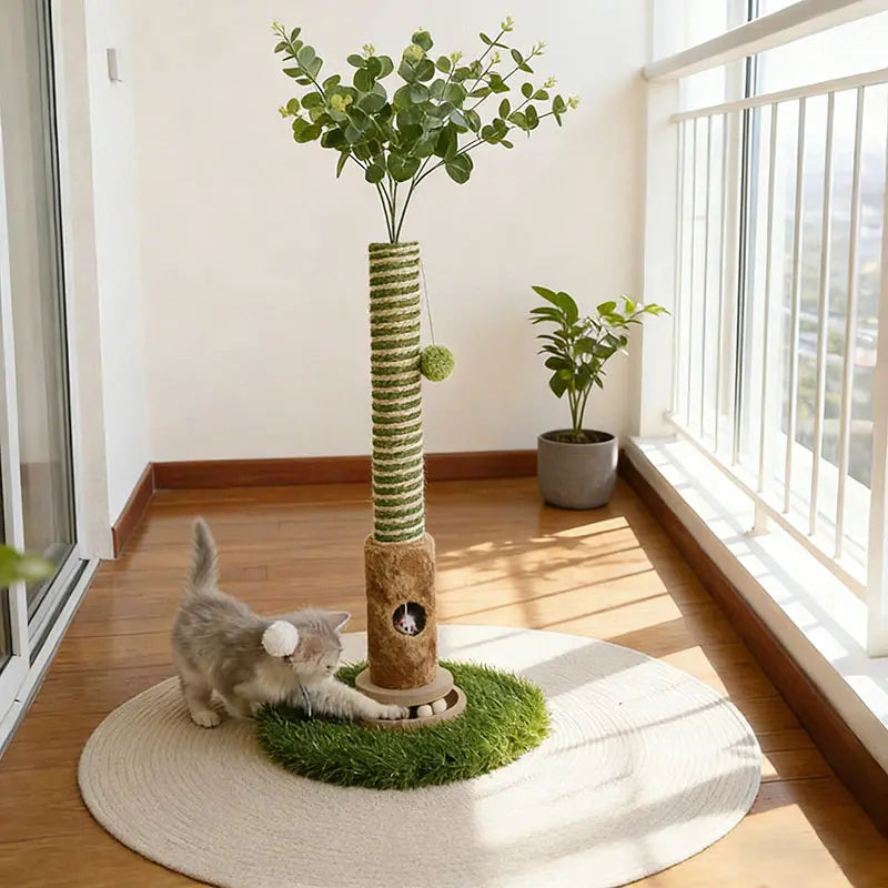 39-Inch Interactive Cat Scratching Post with Eucalyptus Leaves - 4-in-1 Cat Tree Tower with Toy Balls - Modern Indoor Pet Furniture for Living Room - Sisal Rope Scratch Post