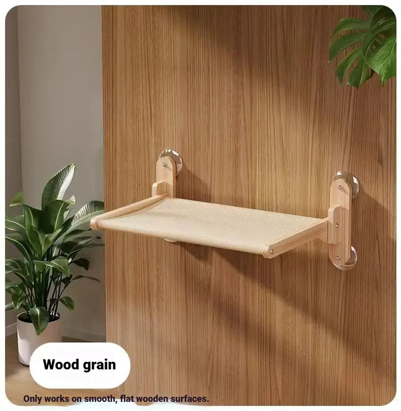 Foldable Solid Wood Cat Window Perch with Heavy-Duty Suction Cup Hammock - Space-Saving Design and Breathable Mesh for Large Cats