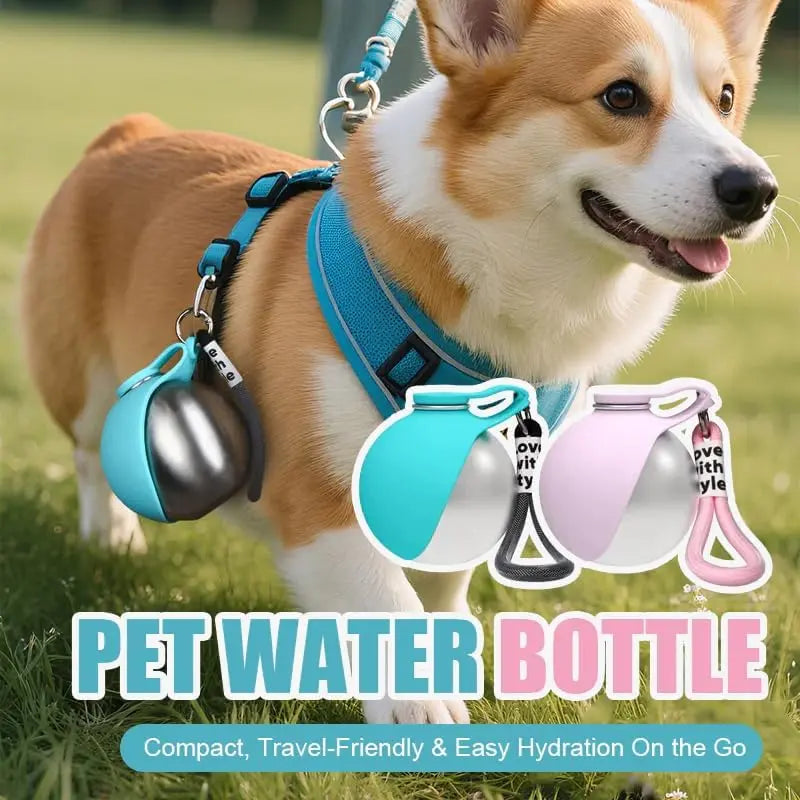 Portable 2-in-1 Dog Water Bottle with Collapsible Silicone Bowl, BPA-Free Stainless Steel, Leak-Proof Travel Dispenser for Outdoor Activities (10 oz, Pink & Blue)