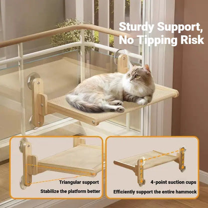 Foldable Solid Wood Cat Window Perch with Heavy-Duty Suction Cup Hammock - Space-Saving Design and Breathable Mesh for Large Cats