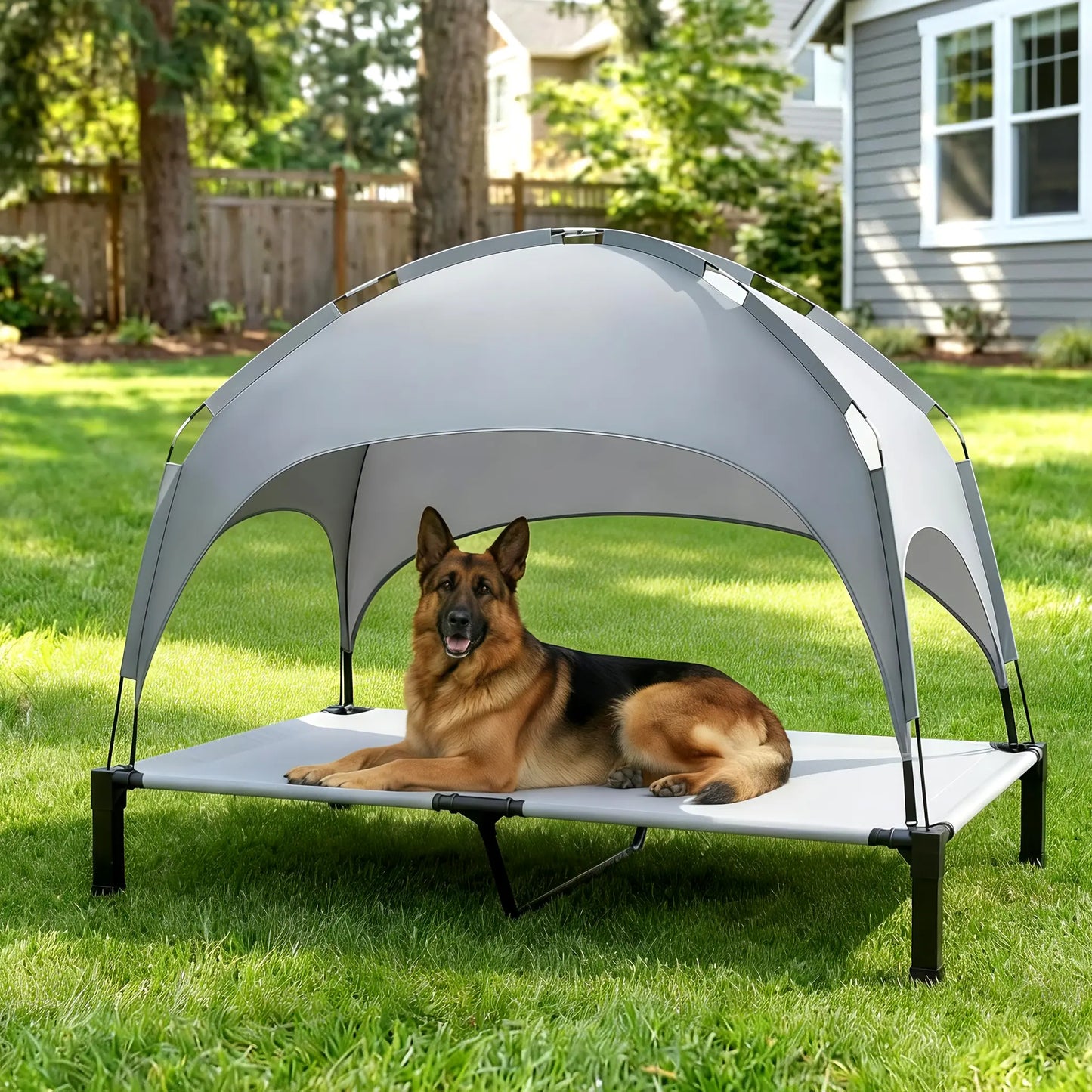 Elevated Outdoor Dog Bed with Removable Canopy for Large Breeds - Portable Cot with Sun Shade, Raised Pet Hammock, Breathable and Durable Design for Indoor and Outdoor Use.