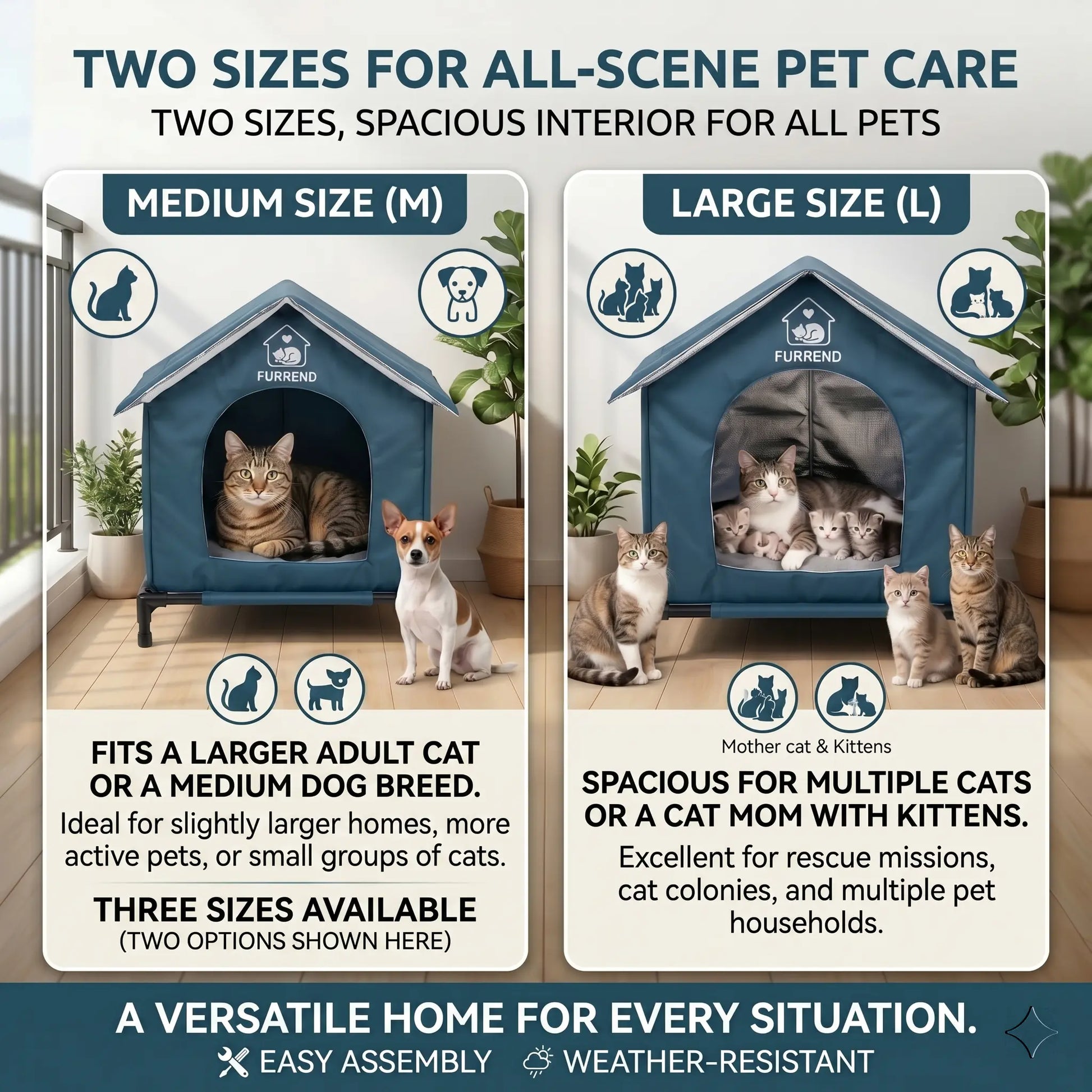 All-Weather Cat House with Waterproof, Windproof, and Scratch-Resistant Features – Spacious Design for Multiple Kittens and Small Dogs, Includes Mounting Brackets and Easy-Clean Soft Blanket