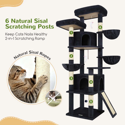 DESKAT 76-Inch Cat Tree for Large Cats with Two Condos, Three Hammocks, and Sisal Scratching Posts