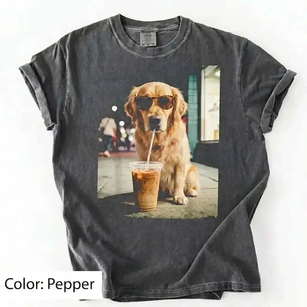 Unisex Graphic Tee Showcasing 50 Dog Breeds - Stylish Iced Coffee Design for Dog Enthusiasts