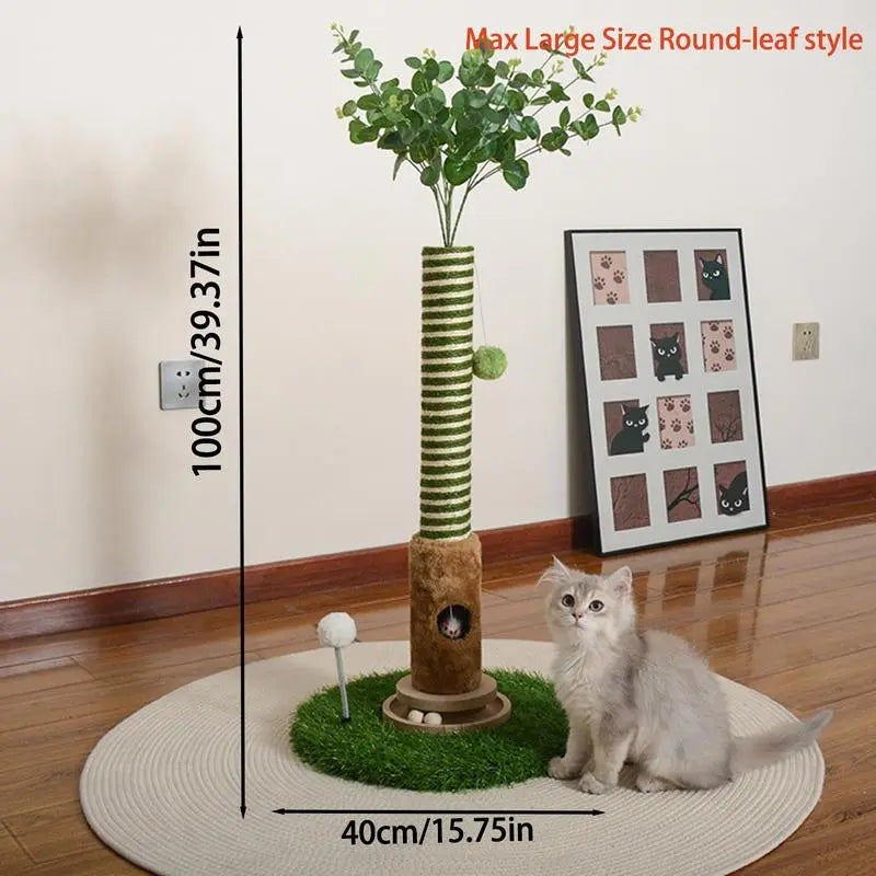 39-Inch Interactive Cat Scratching Post with Eucalyptus Leaves - 4-in-1 Cat Tree Tower with Toy Balls - Modern Indoor Pet Furniture for Living Room - Sisal Rope Scratch Post