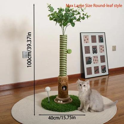 39-Inch Interactive Cat Scratching Post with Eucalyptus Leaves - 4-in-1 Cat Tree Tower with Toy Balls - Modern Indoor Pet Furniture for Living Room - Sisal Rope Scratch Post