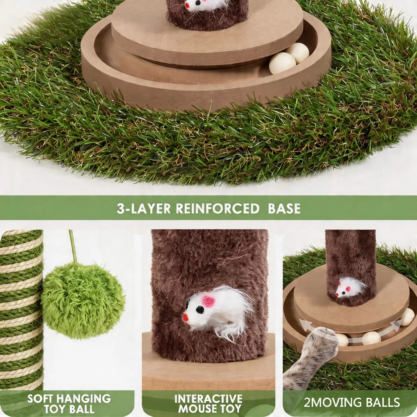 39-Inch Interactive Cat Scratching Post with Eucalyptus Leaves - 4-in-1 Cat Tree Tower with Toy Balls - Modern Indoor Pet Furniture for Living Room - Sisal Rope Scratch Post