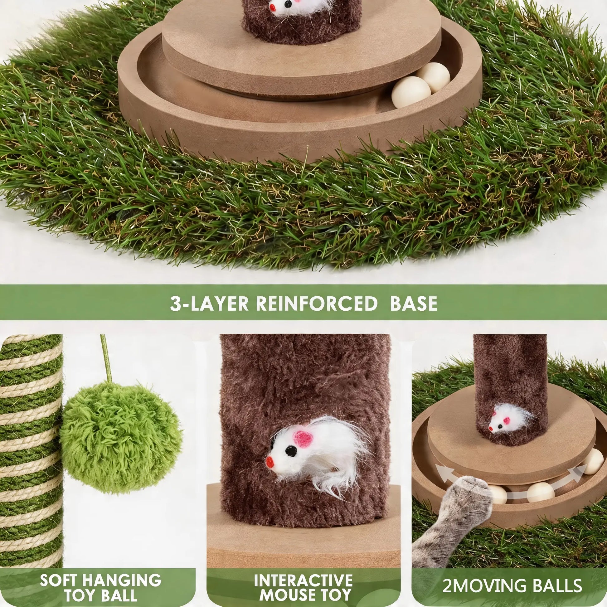 39-Inch Interactive Cat Scratching Post with Eucalyptus Leaves - 4-in-1 Cat Tree Tower with Toy Balls - Modern Indoor Pet Furniture for Living Room - Sisal Rope Scratch Post