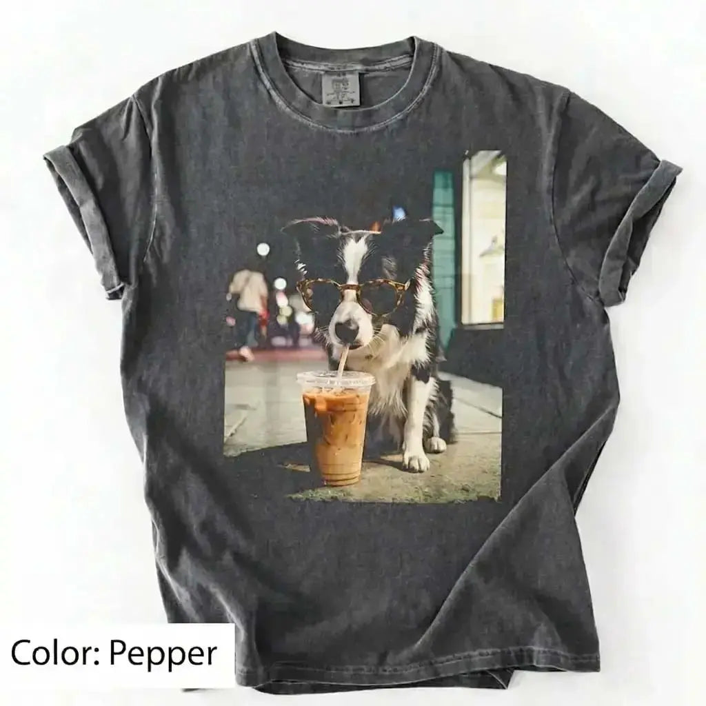 Unisex Graphic Tee Showcasing 50 Dog Breeds - Stylish Iced Coffee Design for Dog Enthusiasts