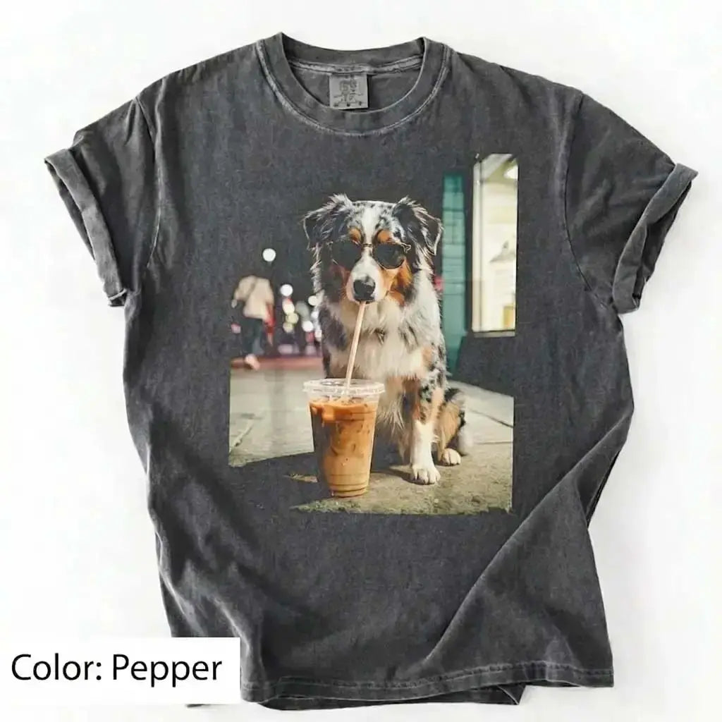 Unisex Graphic Tee Showcasing 50 Dog Breeds - Stylish Iced Coffee Design for Dog Enthusiasts