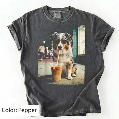 Unisex Graphic Tee Showcasing 50 Dog Breeds - Stylish Iced Coffee Design for Dog Enthusiasts