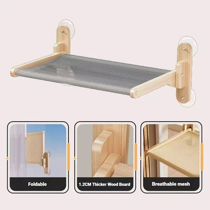 Foldable Solid Wood Cat Window Perch with Heavy-Duty Suction Cup Hammock - Space-Saving Design and Breathable Mesh for Large Cats