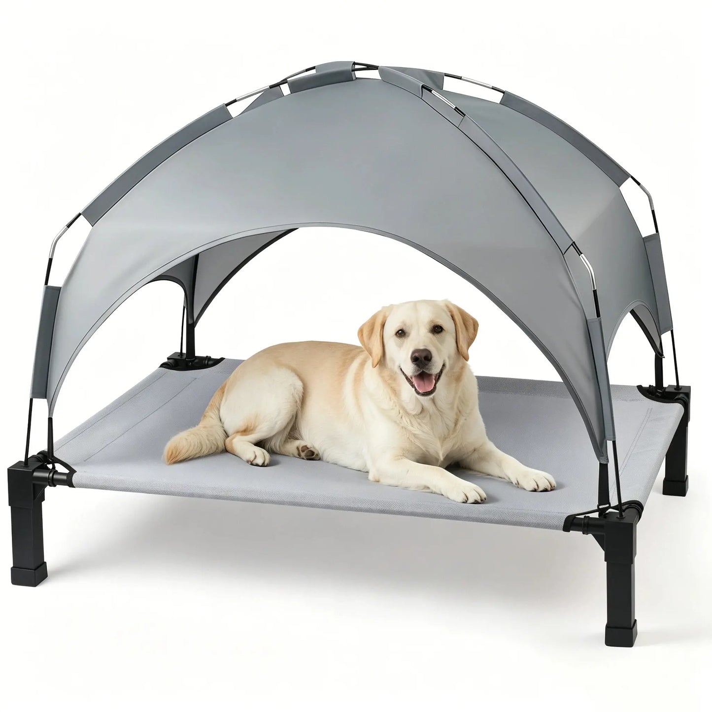 Elevated Outdoor Dog Bed with Removable Canopy for Large Breeds - Portable Cot with Sun Shade, Raised Pet Hammock, Breathable and Durable Design for Indoor and Outdoor Use.