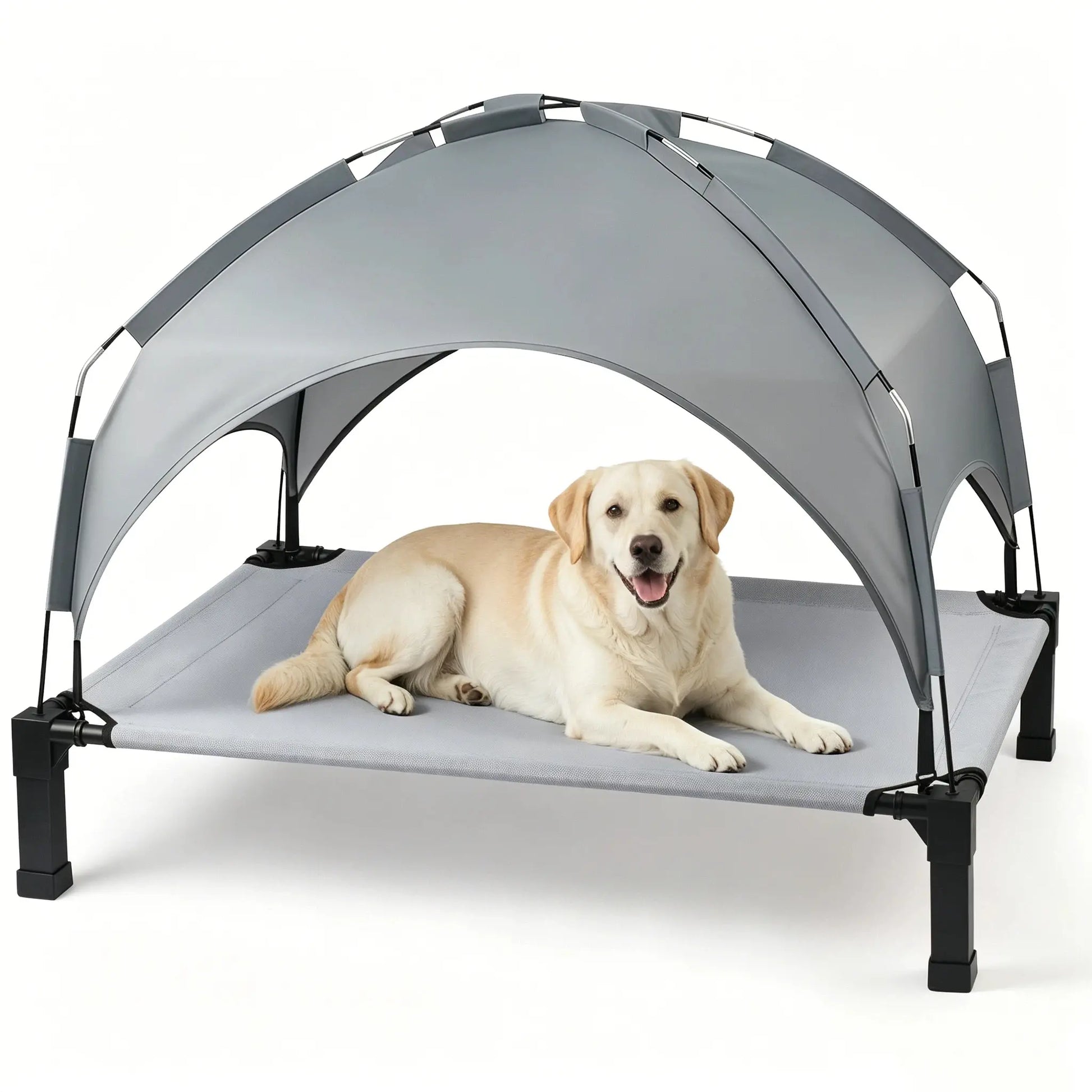 Elevated Outdoor Dog Bed with Removable Canopy for Large Breeds - Portable Cot with Sun Shade, Raised Pet Hammock, Breathable and Durable Design for Indoor and Outdoor Use.