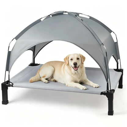 Elevated Outdoor Dog Bed with Removable Canopy for Large Breeds - Portable Cot with Sun Shade, Raised Pet Hammock, Breathable and Durable Design for Indoor and Outdoor Use.