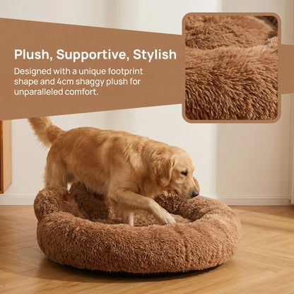 Plush Bear Paw Shaped Calming Pet Bed for Dogs and Cats, Warm and Soft with Removable Washable Cushion and Non-Slip Bottom, Available in Khaki, Gray, and Pink, Sizes 35.4in and 43.3in