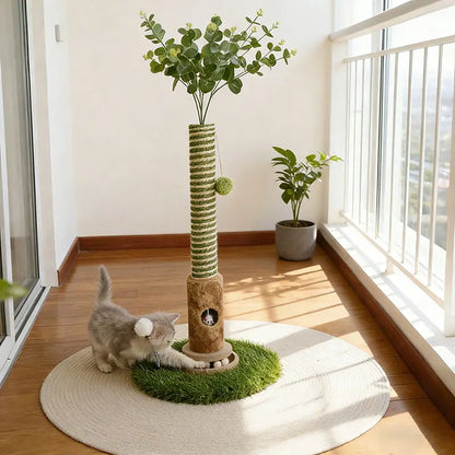 39-Inch Interactive Cat Scratching Post with Eucalyptus Leaves - 4-in-1 Cat Tree Tower with Toy Balls - Modern Indoor Pet Furniture for Living Room - Sisal Rope Scratch Post
