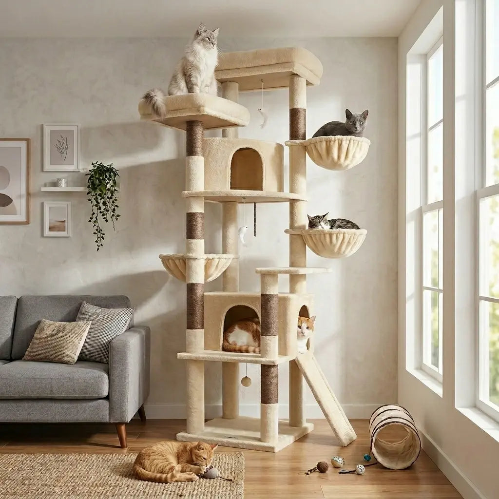 DESKAT 76-Inch Cat Tree for Large Cats with Two Condos, Three Hammocks, and Sisal Scratching Posts