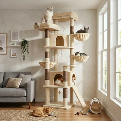 DESKAT 76-Inch Cat Tree for Large Cats with Two Condos, Three Hammocks, and Sisal Scratching Posts