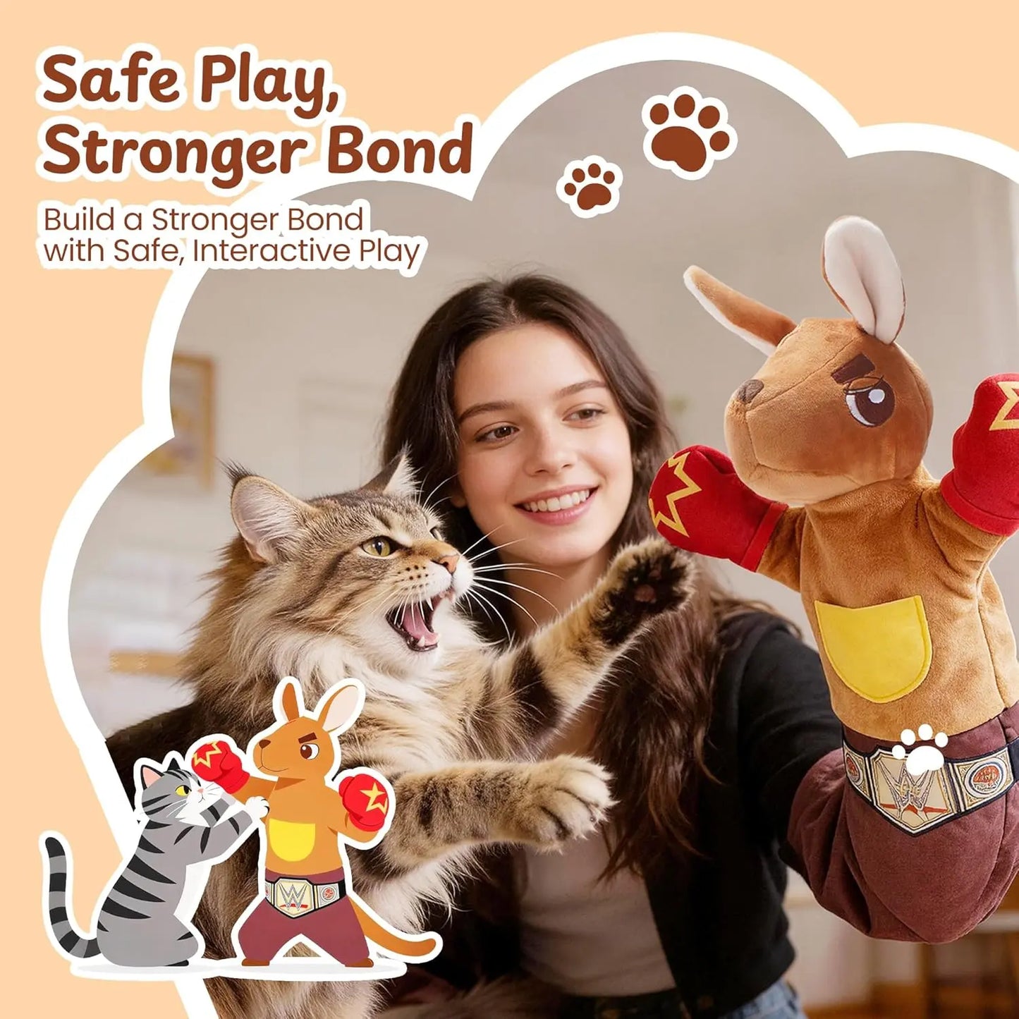PURETOY Rumble Roo Cat Wrestling Toy - 22-Inch Kangaroo Puppet with Catnip Pouches and Treat Pocket, Includes Reinforced Protective Glove for Interactive Play, Ideal Bonding Toy for Cats of All Ages