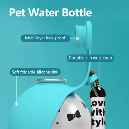 Ihubei Portable Pet Water Bottle with Silicone Foldable Bowl, 304 Stainless Steel Spherical Design for Dogs and Cats, 285ml Travel Water Dispenser for Outdoor Use