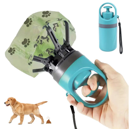 Portable No-Touch Dog Waste Scooper with Teal Green Claw Design, Includes 15 Bag Attachments and Leak-Proof Storage Container