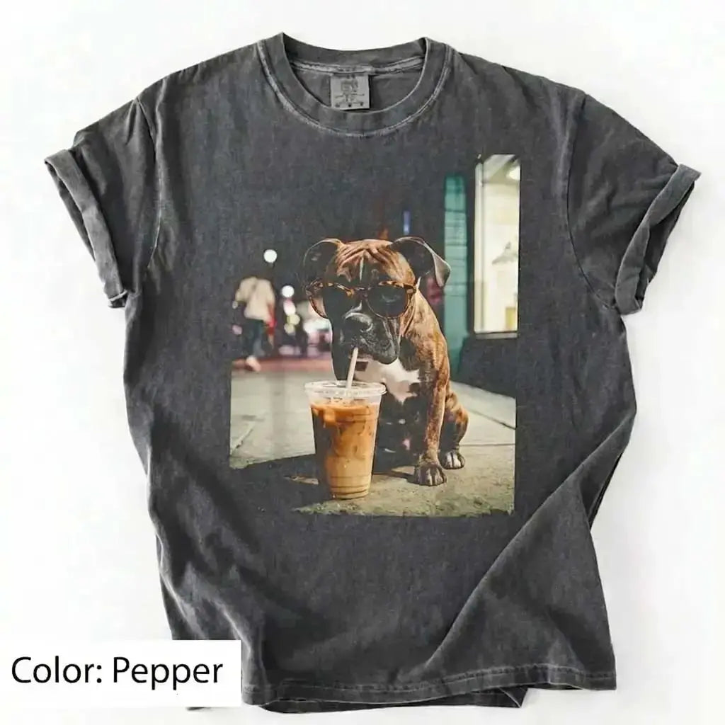 Unisex Graphic Tee Showcasing 50 Dog Breeds - Stylish Iced Coffee Design for Dog Enthusiasts
