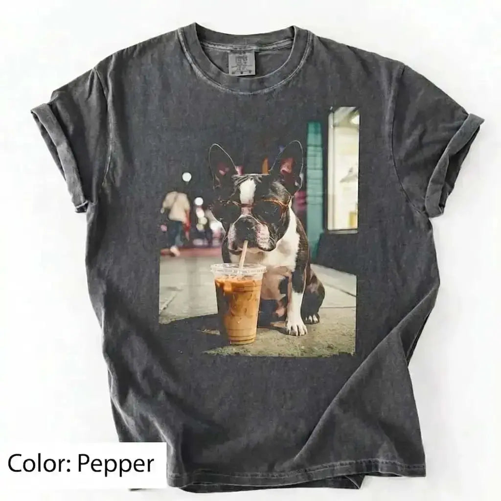 Unisex Graphic Tee Showcasing 50 Dog Breeds - Stylish Iced Coffee Design for Dog Enthusiasts