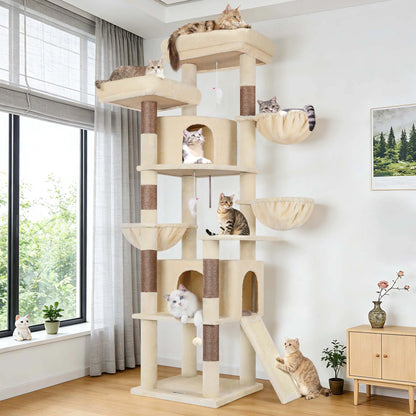 DESKAT 76-Inch Cat Tree for Large Cats with Two Condos, Three Hammocks, and Sisal Scratching Posts