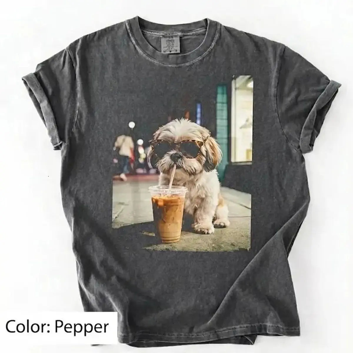Unisex Graphic Tee Showcasing 50 Dog Breeds - Stylish Iced Coffee Design for Dog Enthusiasts