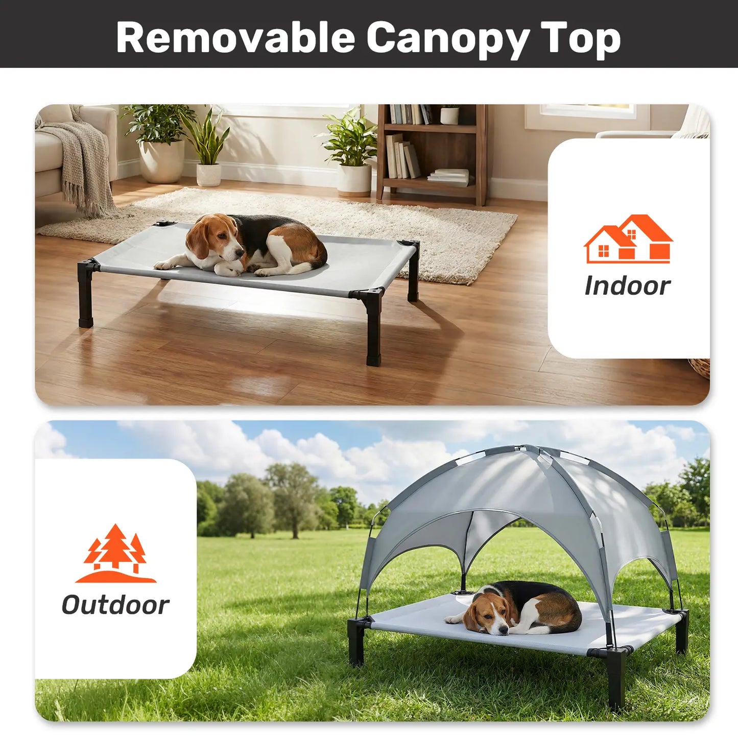 Elevated Outdoor Dog Bed with Removable Canopy for Large Breeds - Portable Cot with Sun Shade, Raised Pet Hammock, Breathable and Durable Design for Indoor and Outdoor Use.