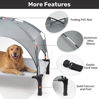 Elevated Outdoor Dog Bed with Removable Canopy for Large Breeds - Portable Cot with Sun Shade, Raised Pet Hammock, Breathable and Durable Design for Indoor and Outdoor Use.