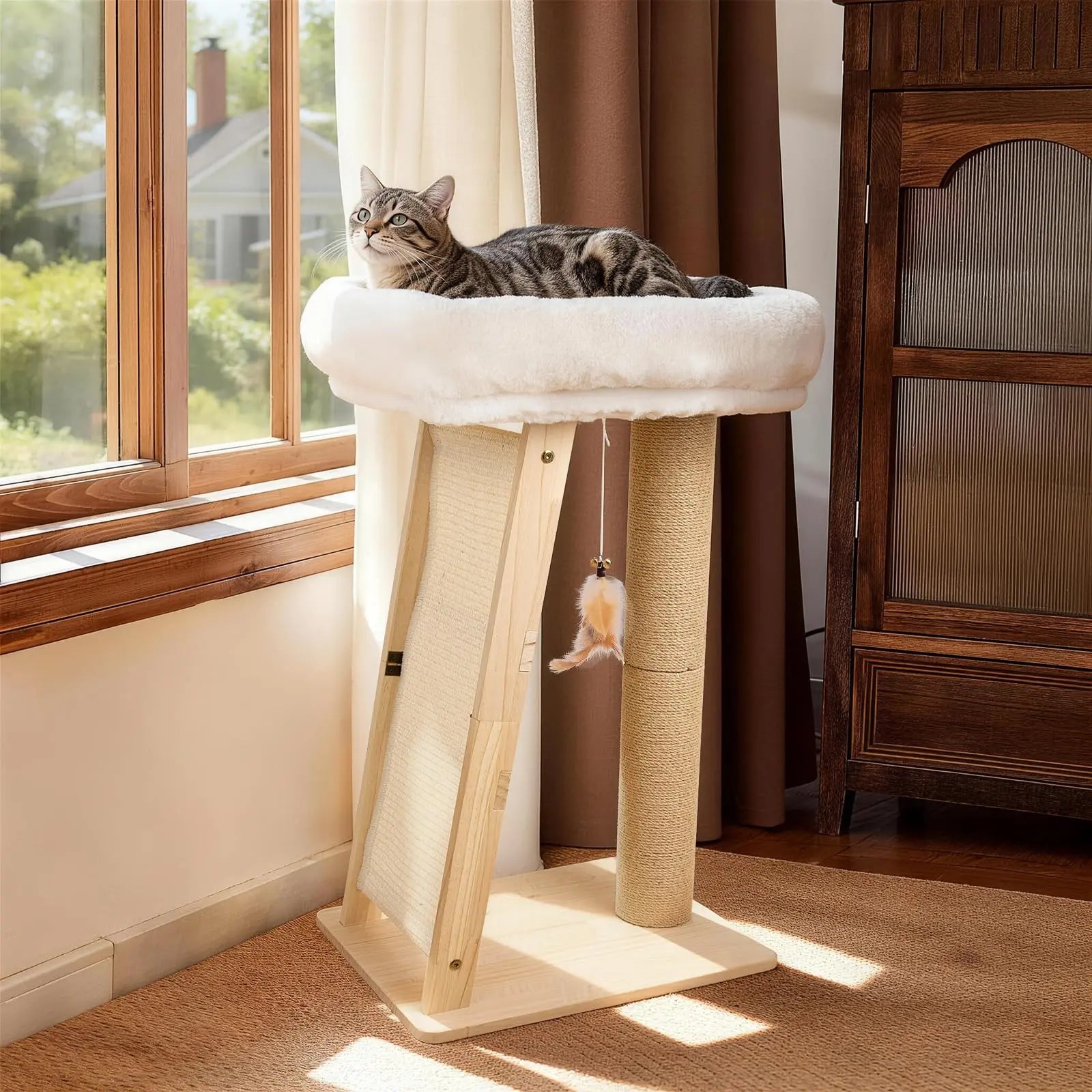 Multi-Functional Cat Scratching Post and Bed: Includes Sisal Column, Angled Pad, Bell Toy, and Removable Washable Nest for Indoor Cats, Easy Assembly for Play, Scratching, and Rest.