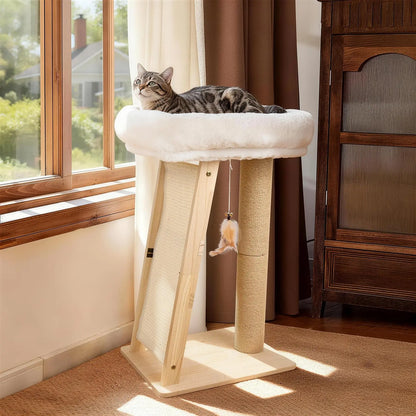 Multi-Functional Cat Scratching Post and Bed: Includes Sisal Column, Angled Pad, Bell Toy, and Removable Washable Nest for Indoor Cats, Easy Assembly for Play, Scratching, and Rest.