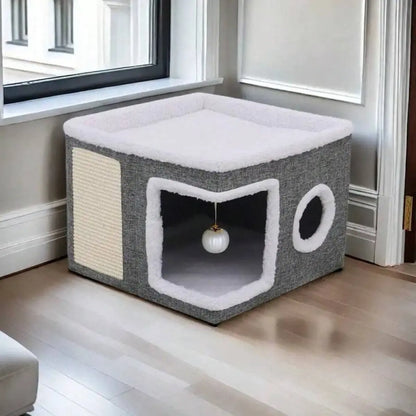 Indoor Cat Bed with Spacious Entry, Foldable Design, Round Windows, and Reversible Double-Sided Cushions, Supports Up to 30 Pounds, Ideal for All Seasons