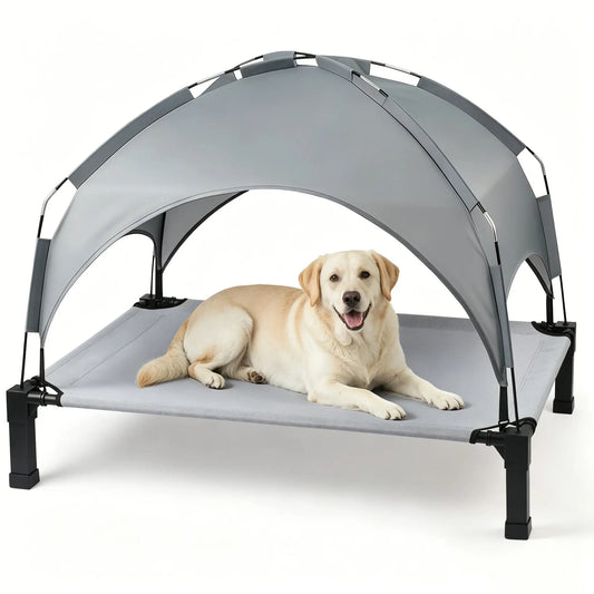 Elevated Outdoor Dog Bed with Removable Canopy for Large Breeds - Portable Cot with Sun Shade, Raised Pet Hammock, Breathable and Durable Design for Indoor and Outdoor Use.