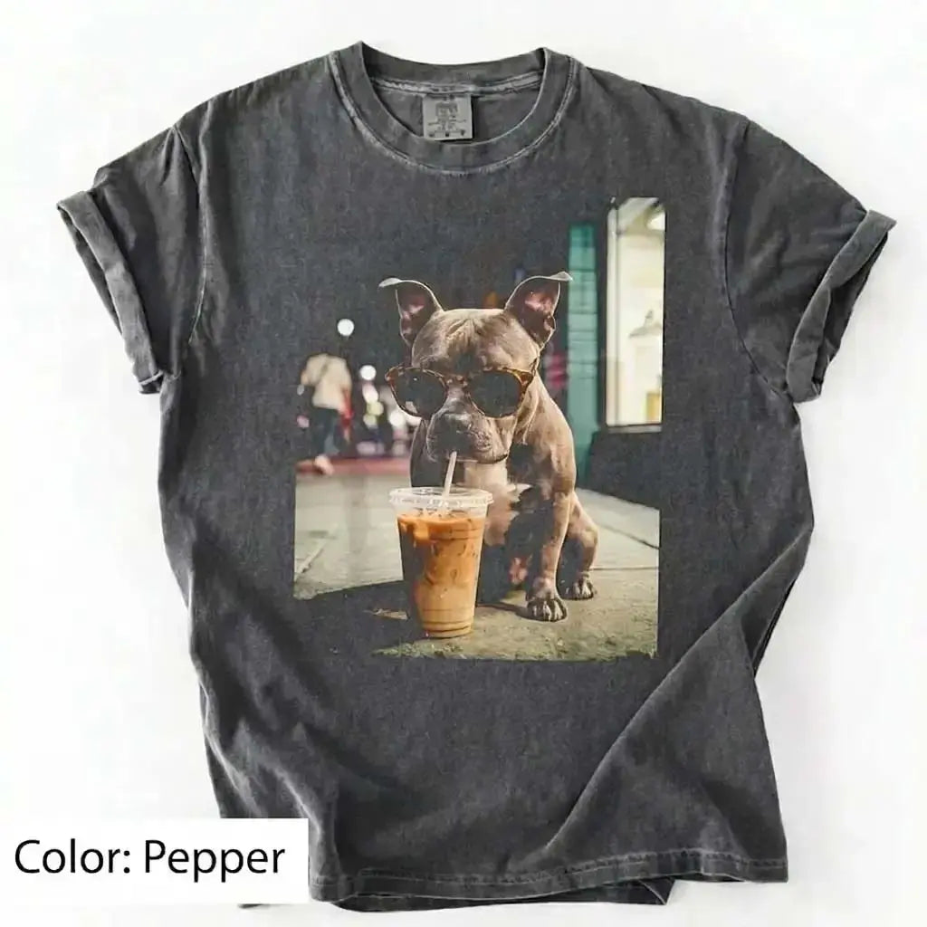 Unisex Graphic Tee Showcasing 50 Dog Breeds - Stylish Iced Coffee Design for Dog Enthusiasts