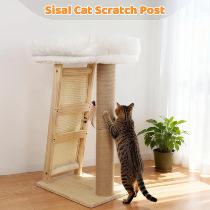 Multi-Functional Cat Scratching Post and Bed: Includes Sisal Column, Angled Pad, Bell Toy, and Removable Washable Nest for Indoor Cats, Easy Assembly for Play, Scratching, and Rest.