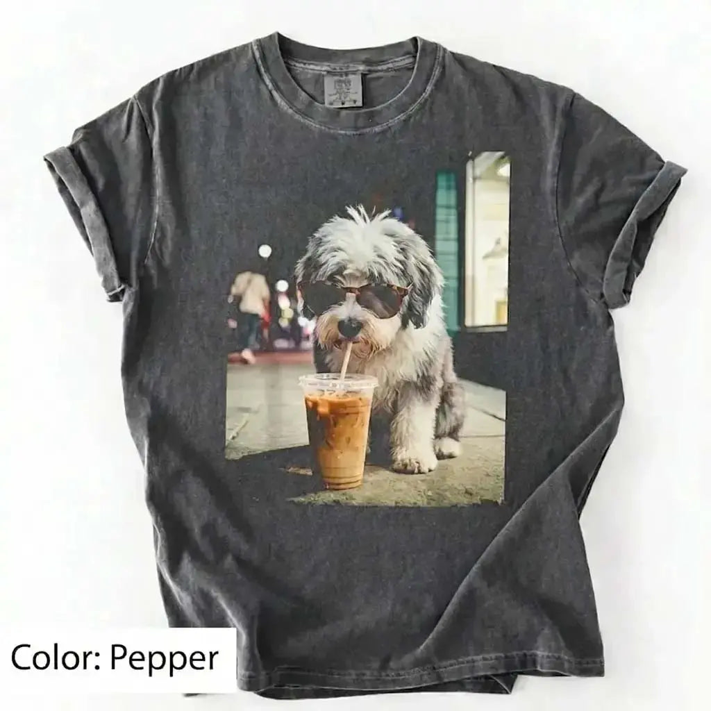 Unisex Graphic Tee Showcasing 50 Dog Breeds - Stylish Iced Coffee Design for Dog Enthusiasts