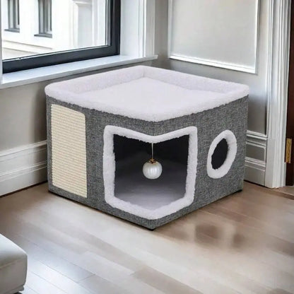 Indoor Cat Bed with Spacious Entry, Foldable Design, Round Windows, and Reversible Double-Sided Cushions, Supports Up to 30 Pounds, Ideal for All Seasons