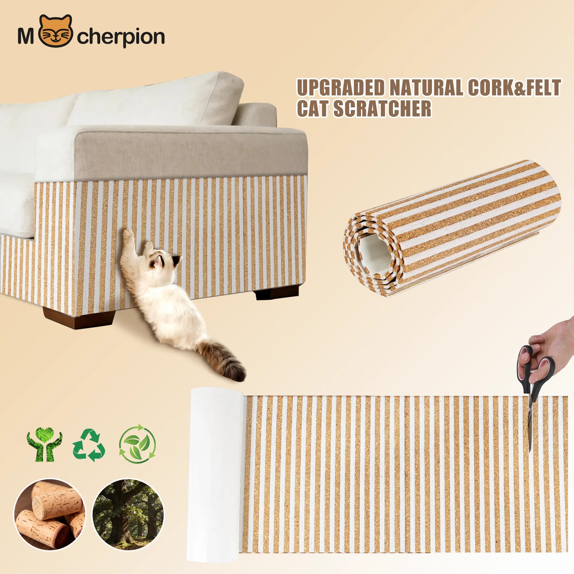 Mocherpion Eco-Friendly Natural Cork Cat Scratching Pad Mat - Enhanced Wall and Furniture Protector with Customizable Design and Strong 3M Adhesive