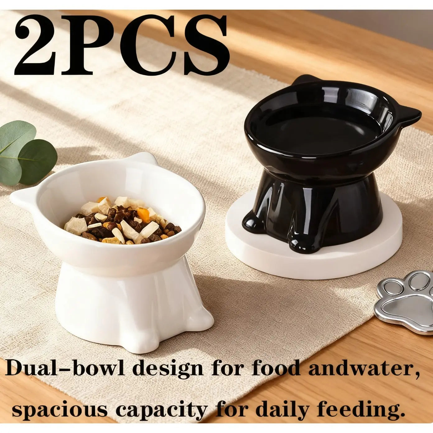 Elevated 2-Piece Pet Feeding Bowl Set with Anti-Vomit Design for Neck and Spine Support, Non-Slip Base, and Durable Plastic for Cats and Small Dogs