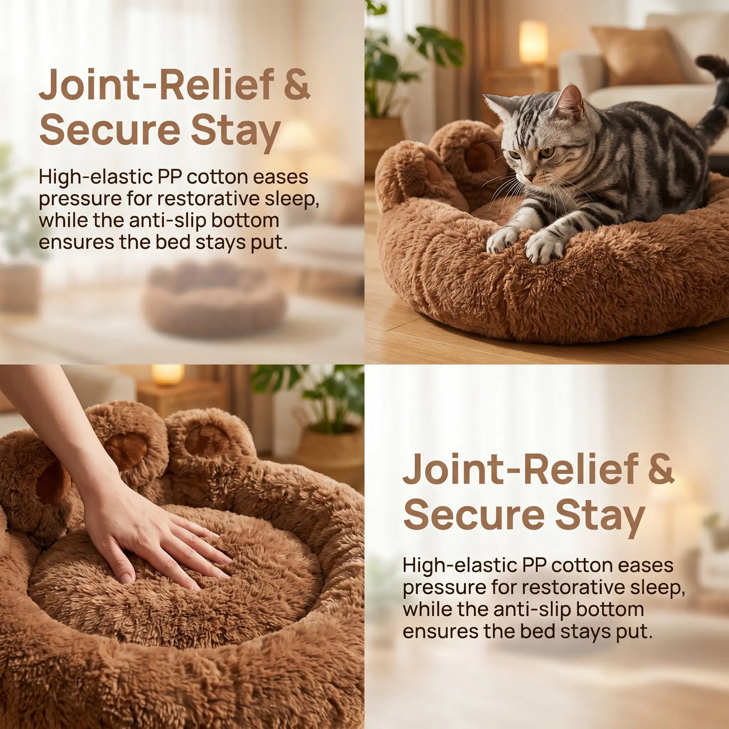 Plush Bear Paw Shaped Calming Pet Bed for Dogs and Cats, Warm and Soft with Removable Washable Cushion and Non-Slip Bottom, Available in Khaki, Gray, and Pink, Sizes 35.4in and 43.3in
