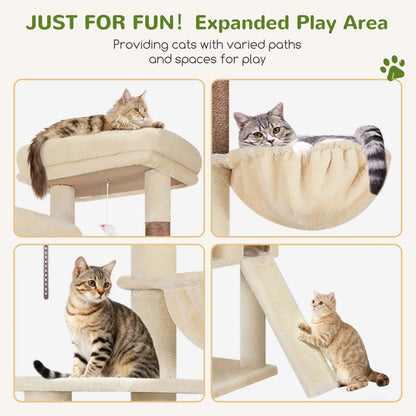 DESKAT 76-Inch Cat Tree for Large Cats with Two Condos, Three Hammocks, and Sisal Scratching Posts