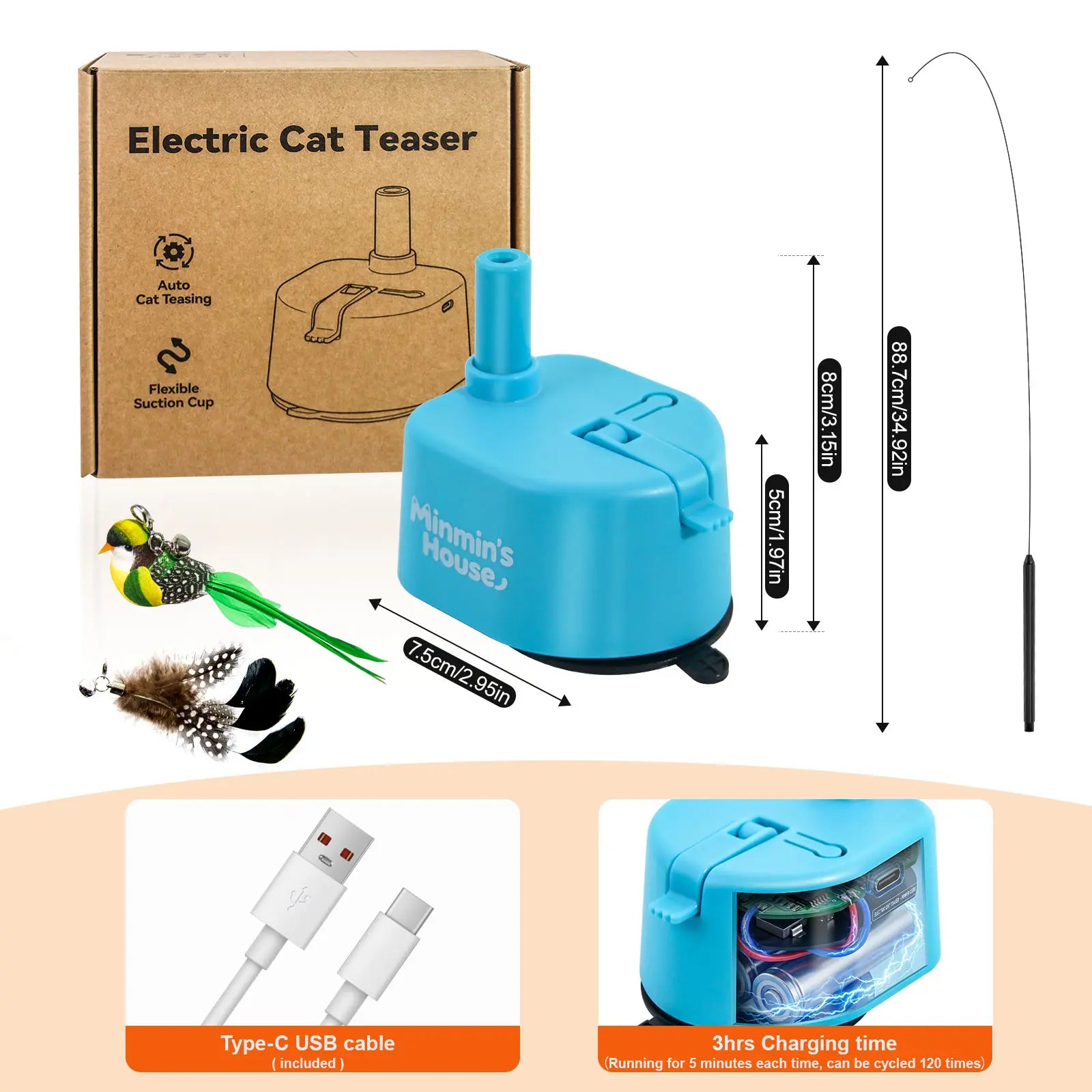 Automatic 360° Swirling Flying Bird Feather Interactive Cat Toy - USB Rechargeable Electric Teaser with Reusable Strong Sticky Vacuum Suction Cup Base for Indoor Cats