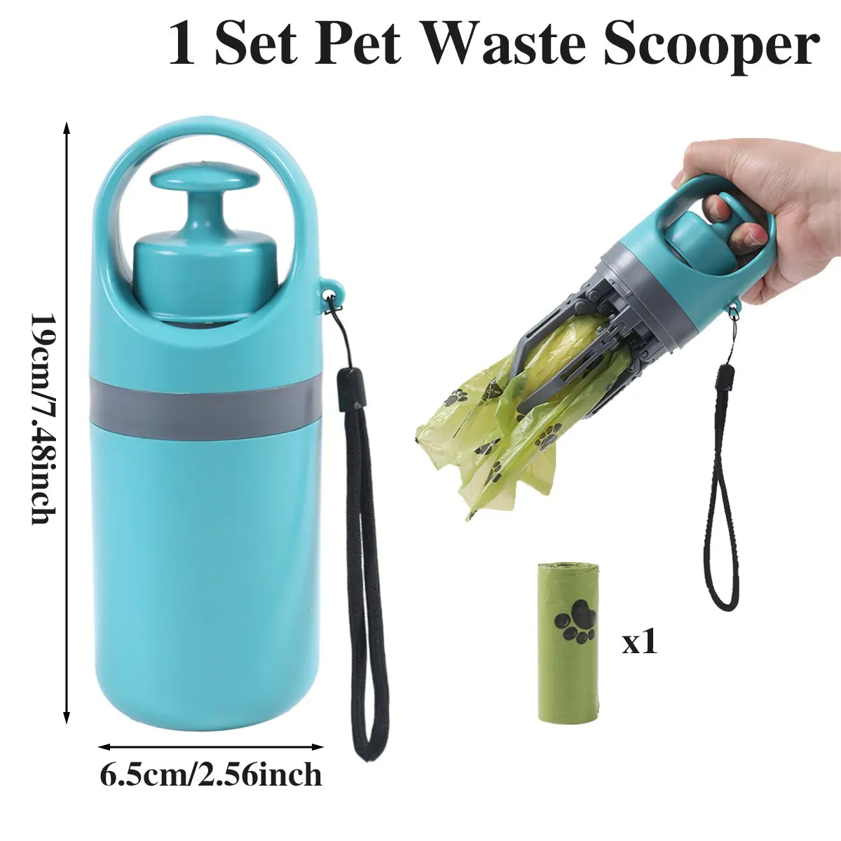 Portable No-Touch Dog Waste Scooper with Teal Green Claw Design, Includes 15 Bag Attachments and Leak-Proof Storage Container