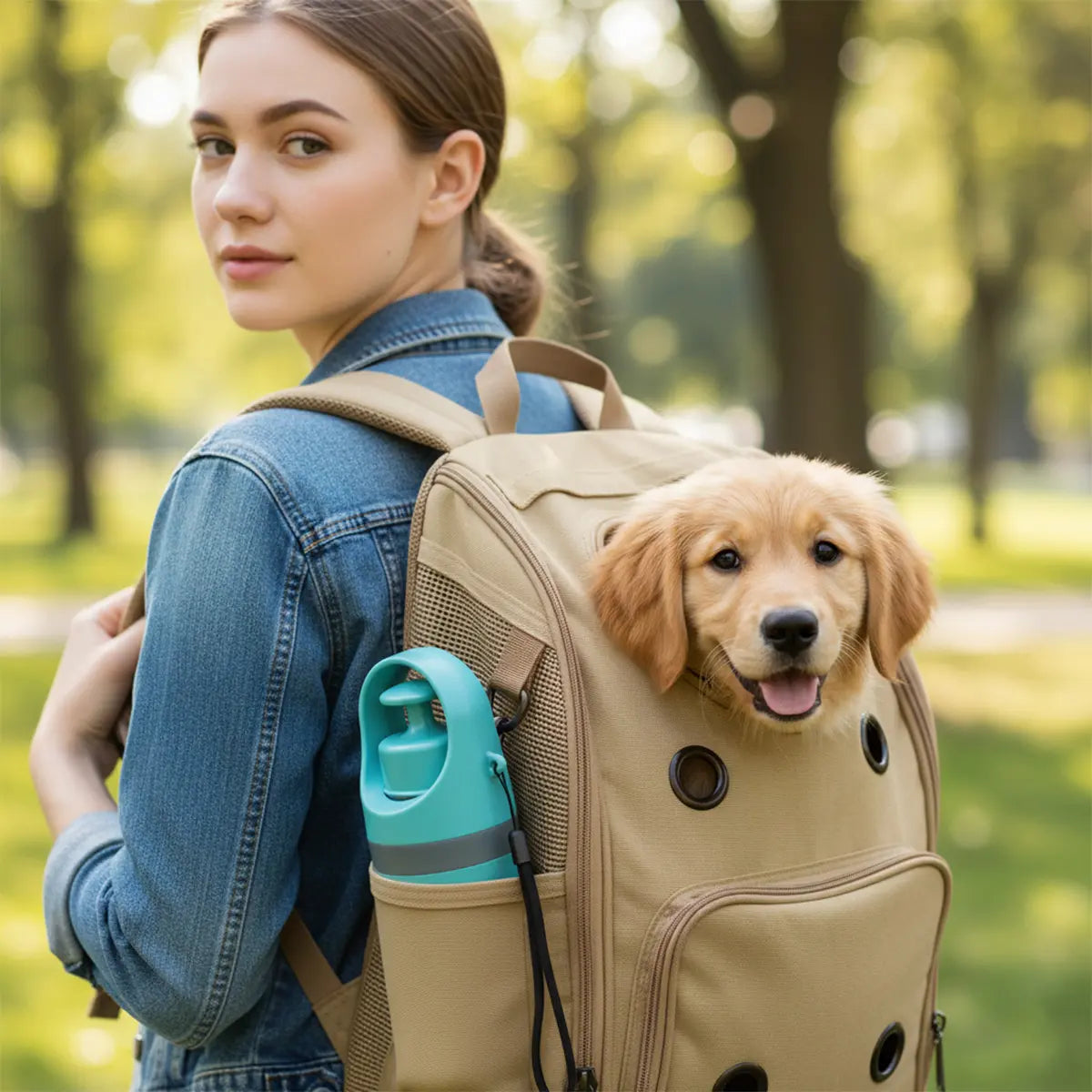 Portable No-Touch Dog Waste Scooper with Teal Green Claw Design, Includes 15 Bag Attachments and Leak-Proof Storage Container