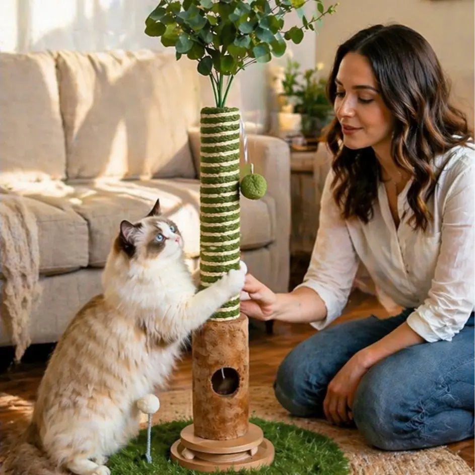 39-Inch Interactive Cat Scratching Post with Eucalyptus Leaves - 4-in-1 Cat Tree Tower with Toy Balls - Modern Indoor Pet Furniture for Living Room - Sisal Rope Scratch Post