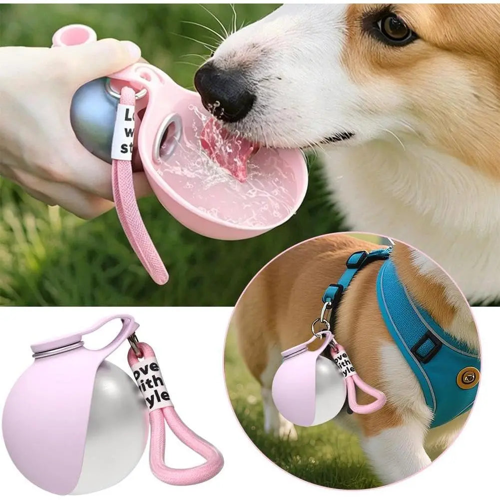 Portable 2-in-1 Dog Water Bottle with Collapsible Silicone Bowl, BPA-Free Stainless Steel, Leak-Proof Travel Dispenser for Outdoor Activities (10 oz, Pink & Blue)