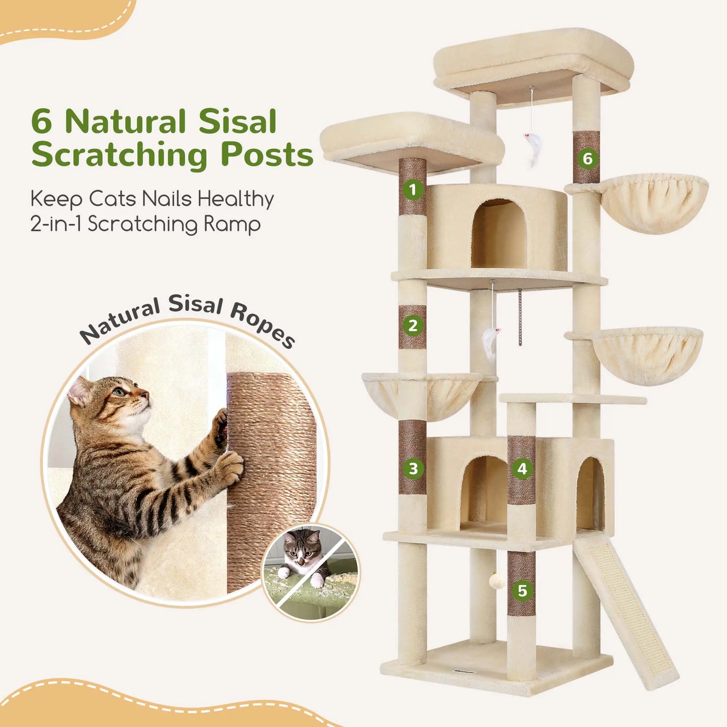 DESKAT 76-Inch Cat Tree for Large Cats with Two Condos, Three Hammocks, and Sisal Scratching Posts